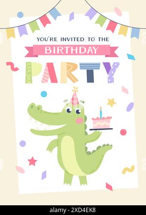 Geburtstagseinladung für Kinder. Niedliches Krokodil mit Kuchen und Partyhut. Vorlage für Vektorabbildungen Stock Vektor