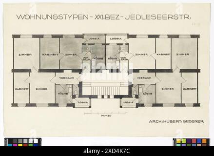 Architekturplan des Karl-Seitz-Hofes in der Jedleseer Straße 66–94, entworfen von Hubert Gessner um 1926. Der Plan zeigt die Grundrisse der Wohnungen und ist im Wien Museum erhalten. Stockfoto