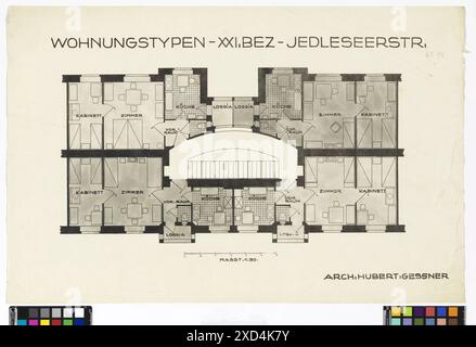 Architektonischer Grundriss des Wohnkomplexes Karl-Seitz-Hof in der Jedleseer Straße 66–94, entworfen von Hubert Gessner um 1926. Erhalten im Wien Museum, mit Apartmentlayouts. Stockfoto