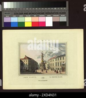 Darstellung des badischen Hauptplatzes mit der Pestsäule von Joseph und Eduard Gurk um 1825 mit urbanem Freiraum, bürgerlichen Strukturen und öffentlichen Versammlungsräumen. Stockfoto