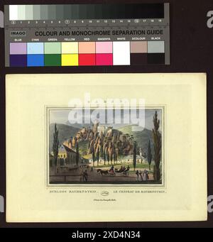 Darstellung der Burg Rauhenstein in Baden von Joseph und Eduard Gurk um 1825, die Burgarchitektur und umliegende Landschaft zeigt. Stockfoto