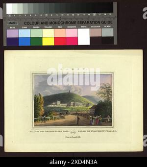 Darstellung des Schlosses von Erzherzog Carl in Baden (Weilburg) von Joseph und Eduard Gurk, die die Schlossarchitektur um 1825 zeigt. Stockfoto
