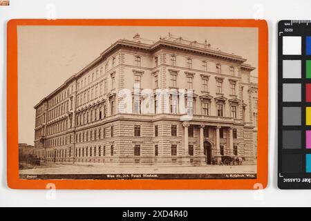 1., Schwarzenbergplatz 15 (ehem. Schwarzenbergstraße 18) / Lothringerstraße 5 - Ofenheimpalais Johann Stauda (1853–1893), Fotograf, Adolf F. Czihak († 1883), Verlag Timtom, palais / Schloss, Vierrad, Tiergezogenes Fahrzeug, z. B.: Fahrerhaus, Kutsche, Bus, Schwarzenbergplatz 1873 Stockfoto