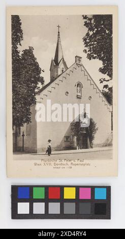 17., Dornbach - Rupertusplatz 5 - Dornbacher Kirche, Ansichtskarte Heinrich Kirsch (Vindobona), Produzent Wien Museum, Scan, Kirche (außen), mit Menschen, Dornbacher Pfarrkirche Hll. Peter und Paul um 1912 Stockfoto