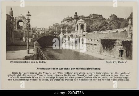 Wienfluss - im Stadtpark - Blick gegen Wienflussportal, Ansichtskarte Wiener Kunstdruck-Gesellschaft, Druckerei, Leopold Indra, Herausgeber Walter Nagel GmbH & Co. KG, Kanäle, Gewässer (in der Stadt), Straßenbeleuchtung, öffentliche Gärten, parken um 1925 (Produktion) Stockfoto