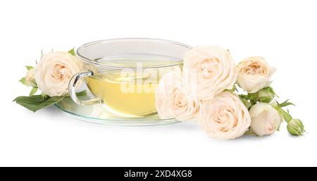 Aromatischer Kräutertee in Glasbecher und Rosen isoliert auf weiß Stockfoto