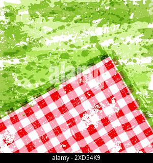 Picknick-Aquarellstruktur. Vektorpinsel gemalte Illustration. Quadratischer Frühling oder Sommer Hintergrund mit Tischdecke auf grünem Gras. Poster oder Banner mit Stock Vektor