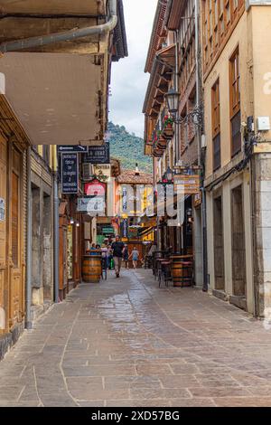 An der N621 zum Picos de Europa liegt die malerische Stadt Potes, Nordspanien mit dem sich windenden Fluss Quiviesa Stockfoto