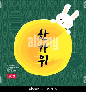 Happy Chuseok Feiertagsbanner. Koreanischer Hangawi-Event-Print. Korea Thanksgiving Day feiert. Asiatisches Erntefest Mitte Herbst. Kaninchen, Vollmond und orientalische Laterne. Übersetzung: Hangawi Chuseok Stock Vektor