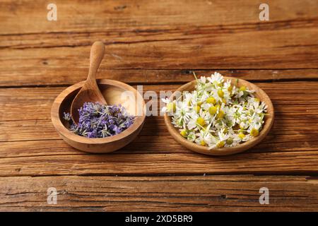 Verschiedene Blumen in Schüsseln und Löffel auf Holztisch Stockfoto