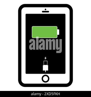 Symbol für das Aufladen des Telefons. Smartphone lädt den Akku auf. Ladezustandsanzeige und mit USB-Anschluss. Symbol isoliert auf schwarzem Hintergrund. Vektor Stock Vektor