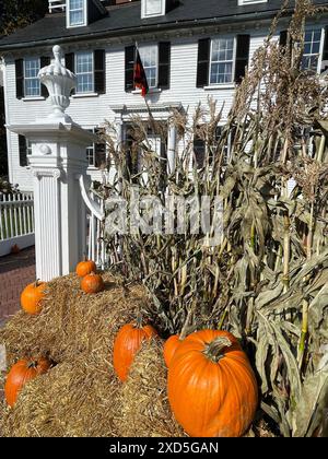 Das historische Ropes Mansion in Salem Massachusetts ist zu Halloween mit Kürbissen und Heuballen an einem Herbsttag dekoriert und war Drehort Stockfoto