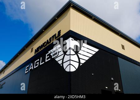 Newcastle UK: 8. Juni 2024: Außenansicht des Newcastle Eagles Basketballstadions mit Beschilderung an einem sonnigen blauen Himmel. Vertu Motors Arena Stockfoto