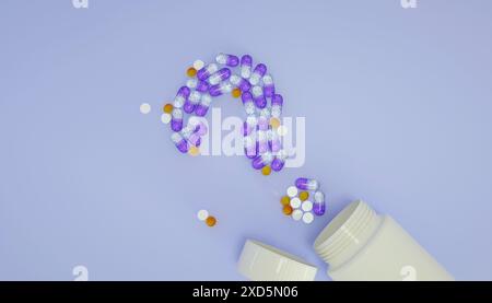 Fragezeichen, Medikamente auf blauem Hintergrund. Antibiotika. Erste-Hilfe-Medizin. Generika. Notfallmedikation. 3D-Rendering. Stockfoto