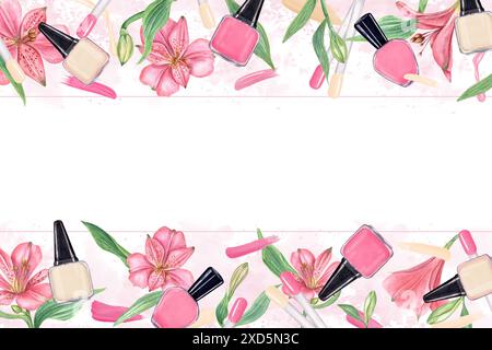 nagellackflasche unter tropischen Blumen. Horizontaler Rahmen mit Kopierraum. Komposition in rosafarbener Farbe und Aquarelle für Schönheit, Maniküre. Stockfoto