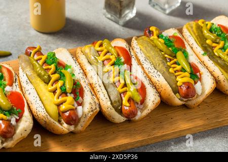 Hot Dogs im Chicago-Stil mit Senf-Relish und Sport-Paprika Stockfoto