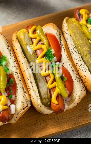 Hot Dogs im Chicago-Stil mit Senf-Relish und Sport-Paprika Stockfoto