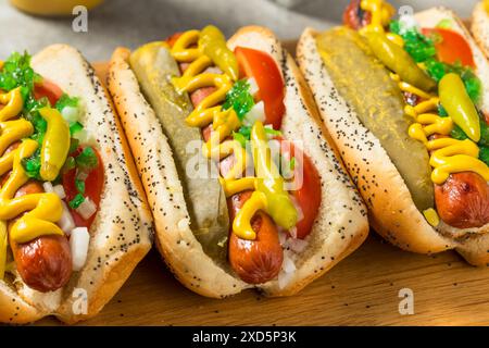 Hot Dogs im Chicago-Stil mit Senf-Relish und Sport-Paprika Stockfoto