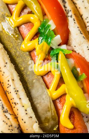 Hot Dogs im Chicago-Stil mit Senf-Relish und Sport-Paprika Stockfoto