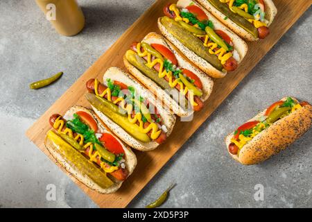 Hot Dogs im Chicago-Stil mit Senf-Relish und Sport-Paprika Stockfoto