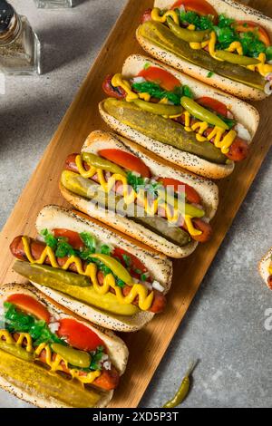Hot Dogs im Chicago-Stil mit Senf-Relish und Sport-Paprika Stockfoto