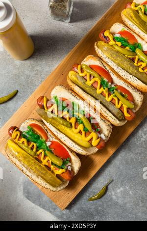 Hot Dogs im Chicago-Stil mit Senf-Relish und Sport-Paprika Stockfoto