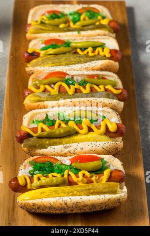 Hot Dogs im Chicago-Stil mit Senf-Relish und Sport-Paprika Stockfoto