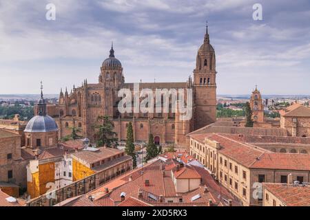 Spanien, Kastilien und Leon, Salamanca, Kathedrale der Himmelfahrt der Jungfrau Maria, gesehen von der Scala Coeli von La Clerecia, dem ehemaligen echten Colegio del Espíritu Santo der Gesellschaft Jesu, erbaut in Salamanca zwischen dem 17. Und 18. Jahrhundert. Stockfoto