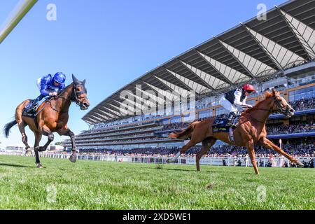 Ascot Racecourse, Berkshire, Großbritannien. Juni 2024. Royal Ascot Horse Racing, Ladies Day 3; Kyprios geritten von Ryan Moore trainiert von Einem P O'Brien schlägt Trawlerman geritten von William Buick trainiert von John &amp; Thady Gosden an die Linie und gewinnt Rennen 4; The Gold Cup Credit: Action Plus Sports/Alamy Live News Stockfoto