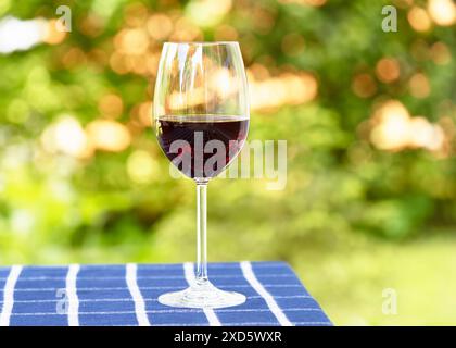 Ein Glas Rotwein auf einem karierten blauen Tisch in der Nähe des Sommerhüttengartens. Roter Naturwein, Trauben in einem Garten in der Natur. Kopierbereich. Stockfoto