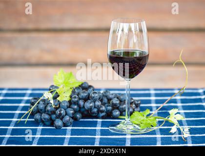 Köstlicher Rotwein und reife Trauben auf einem karierten blauen Tisch in der Nähe des Sommerhäuschen Gartens. Roter Naturwein, Trauben im Garten Stockfoto