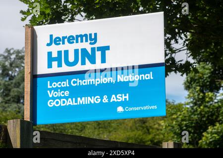 Juni 2024. Wahlkampfplakat für Jeremy Hunt in Witley, Surrey, England, Großbritannien, mit dem Slogan Local Champion, National Voice. Zwei Wochen vor den Parlamentswahlen am 4. Juli 2024 deuten Prognosen darauf hin, dass es zu einer totalen Ausrottung kommen wird, bei der die Arbeit eine große Mehrheit gewinnen wird. Es wird erwartet, dass viele konservative Minister ihre Sitze verlieren. Der konservative Politiker Jeremy Hunt, kürzlich der Finanzminister, ist Kandidat im neuen Wahlkreis Godalming und Ash. Stockfoto