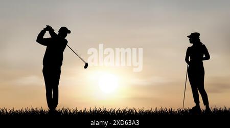 Ein Mann und eine Frau spielen Golf bei Sonnenuntergang. Zwei Leute spielen Golf. Stock Vektor