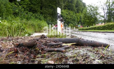 Eine gewaltige Unwetterfront ist am Donnerstagnachmittag über Südbayern hinweg gezogen. Betroffen in einem breiten Streifen der Landkreis Rosenheim, Traunstein und das Berchtesgadener Land. Orkanböen fegten über die Region hinweg und sorgten für Chaos. Besonders heftig trifft es die Ortschaft Übersee. Zahlreiche Bäume krachten um und blockierten die Fahrbahn. Fahrbahnen wurden überflutet, Schlamm und Geröll lag auch auf den Straßen. Auch die Autobahn A 8 war betroffen. In Höhe Übersee krachte ein Baum auf die Autobahn. Halbseitig war der Ferienverkehr vorbei geleitet. Auch die Bahnverbind Stockfoto