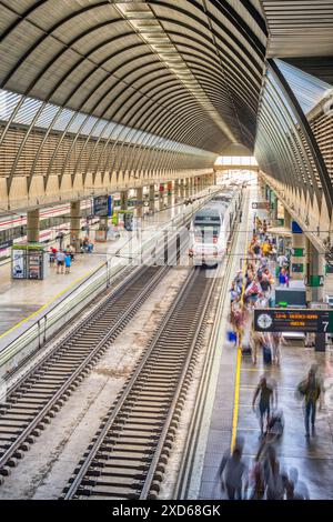 Passagiere, die am Bahnhof Santa Justa in Sevilla, Spanien, aus einem Mittelstreckenzug aussteigen. Geschäftige urbane Verkehrsszene. Stockfoto