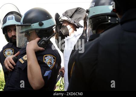 New York, NY, USA. Juni 2024. Umweltaktivisten, die als Orcas verkleidet sind, werden während der Kundgebung vom NYPD verhaftet. Die Aktionen im Sommer der Hitze haben begonnen und die Proteste werden von Stop the Money Pipeline and Extinction Rebellion geführt. Die Demonstranten kämpften für den Klimawandel und das Bewusstsein für die Schäden an fossilen Brennstoffen auf dem Planeten, die von Unternehmen wie der Citibank finanziert werden. (Credit Image: © Susan Stava/SOPA Images via ZUMA Press Wire) NUR REDAKTIONELLE VERWENDUNG! Nicht für kommerzielle ZWECKE! Stockfoto