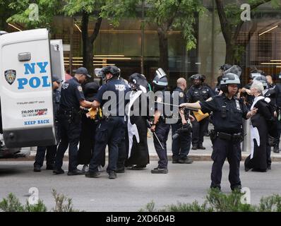 New York, Usa. Juni 2024. Umweltaktivisten, die als Orcas verkleidet sind, werden während der Kundgebung vom NYPD verhaftet. Die Aktionen im Sommer der Hitze haben begonnen und die Proteste werden von Stop the Money Pipeline and Extinction Rebellion geführt. Die Demonstranten kämpften für den Klimawandel und das Bewusstsein für die Schäden an fossilen Brennstoffen auf dem Planeten, die von Unternehmen wie der Citibank finanziert werden. (Foto: Susan Stava/SOPA Images/SIPA USA) Credit: SIPA USA/Alamy Live News Stockfoto