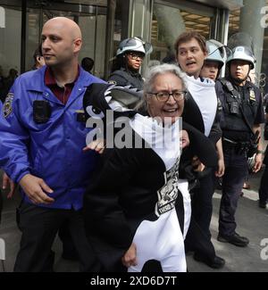 New York, Usa. Juni 2024. Umweltaktivisten, die als Orcas verkleidet sind, werden während der Kundgebung vom NYPD verhaftet. Die Aktionen im Sommer der Hitze haben begonnen und die Proteste werden von Stop the Money Pipeline and Extinction Rebellion geführt. Die Demonstranten kämpften für den Klimawandel und das Bewusstsein für die Schäden an fossilen Brennstoffen auf dem Planeten, die von Unternehmen wie der Citibank finanziert werden. (Foto: Susan Stava/SOPA Images/SIPA USA) Credit: SIPA USA/Alamy Live News Stockfoto