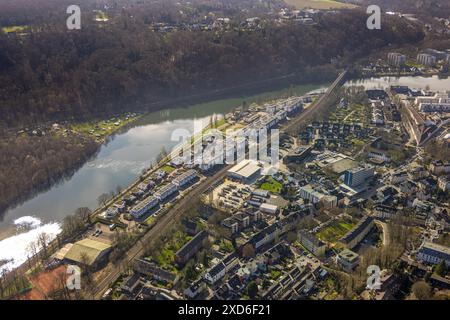 Luftaufnahme, Wohngebiet am Kettwiger Ruhrbogen, Campingplatz Cammerzell am Ruhrgebiet, Kettwig, Essen, Ruhrgebiet, Nordrhein-Westfalen, Ge Stockfoto