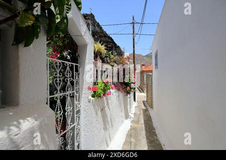 Straßenszene, Megalo Chorio Dorf, Tilos Insel, Dodekanese, Griechenland. Vom Mai 2024 Stockfoto