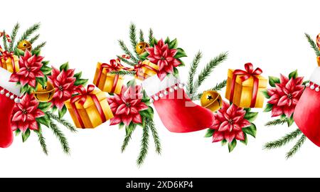 Nahtlose Borte mit rotem weihnachtsstrumpf mit Tannenzweigen und stechpalmenbeere, roter Satinschleife, Aquarellkiefernzweig und roten Beeren, Geschenk und glänzendem B Stockfoto