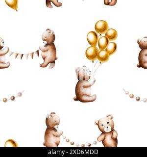 Nahtloses Muster mit niedlichen Cartoon-Teddybären mit goldenen Folienballons an einem String, Geburtstagskranz aus braunen und beigen Fahnen. Handgezeichnetes Wasserkolo Stockfoto