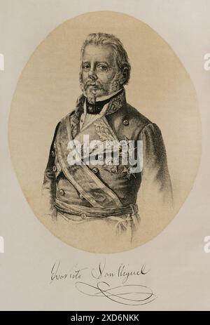 Evaristo San Miguel (Evaristo Fernández de San Miguel y Valledor) (1785-1862). Spanischer Offizier und Politiker. Herzog von San Miguel. Hochformat. Lithographie. Historia de la guerra Civil y de los partidos liberal y carlista (Geschichte des Bürgerkriegs und der liberalen und karlistischen Parteien), von Antonio Pirala. Band III. Madrid, 1869. Stockfoto