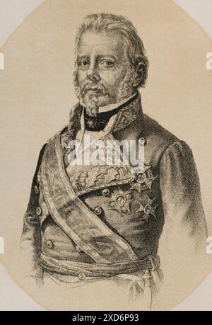 Evaristo San Miguel (Evaristo Fernández de San Miguel y Valledor) (1785-1862). Spanischer Offizier und Politiker. Herzog von San Miguel. Hochformat. Lithographie. Historia de la guerra Civil y de los partidos liberal y carlista (Geschichte des Bürgerkriegs und der liberalen und karlistischen Parteien), von Antonio Pirala. Band III. Madrid, 1869. Stockfoto