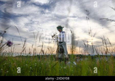 Krakau, Polen. Juni 2024. Ein Mädchen pflückt wilde Pflanzen während der Sommersonnenwende während der „Kupala-Nacht“ am Krakushügel in Krakau, Polen am 20. Juni 2024. Die KupaÅ‚a Night ist ein altslawischer Feiertag, der auf die kürzeste Nacht des Jahres fällt. In dieser Nacht wurden Rituale wie das Sammeln und Herstellen von Kronen aus Kräutern und Wildblumen von Mädchen und jungen Frauen durchgeführt, Girlanden auf dem Wasser schickten, Feuer anzünden, tanzen, singen und über Feuer springen. (Kreditbild: © Beata Zawrzel/ZUMA Press Wire) NUR REDAKTIONELLE VERWENDUNG! Nicht für kommerzielle ZWECKE! Stockfoto