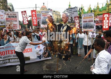 Kalkutta, Indien. Juni 2024. Alle indischen Demokratischen Studentenorganisationen (AIDSO), alle indischen Demokratischen Jugendorganisationen (AIDYO), alle indischen Mahila Sankritik Sangathan (AIMSS) hielten einen protestmarsch gegen den Krieg ab, in dem sie gegen Israel und Amerikas schrecklichen Angriff auf Palästina waren. Am Ende der Prozession wurden die Bilder des US-Präsidenten Joe Biden und des israelischen Premierministers Benjamin Netanjahu verbrannt. (Foto: Sayantan Chakraborty/Pacific Press) Credit: Pacific Press Media Production Corp./Alamy Live News Stockfoto