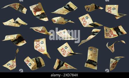 3D-Rendering eines Satzes von 100 kanadischen Dollarnoten, die in verschiedenen Winkeln und Ausrichtungen auf dunklem Hintergrund fliegen. Währung von Kanada Stockfoto