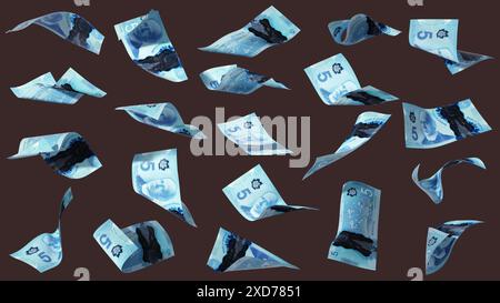 3D-Rendering eines Satzes von 5 kanadischen Dollarnoten, die in verschiedenen Winkeln und Ausrichtungen auf dunklem Hintergrund fliegen. Währung von Kanada Stockfoto