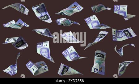 3D-Rendering eines Satzes von 10 kanadischen Dollarnoten, die in verschiedenen Winkeln und Ausrichtungen auf dunklem Hintergrund fliegen. Währung von Kanada Stockfoto