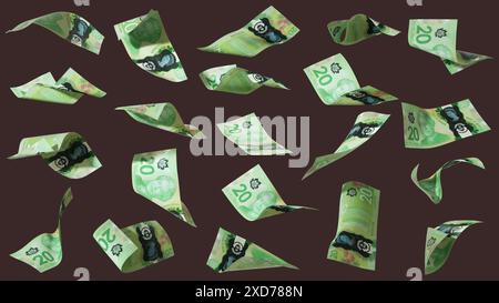 3D-Rendering eines Satzes von 20 kanadischen Dollarnoten, die in verschiedenen Winkeln und Ausrichtungen auf dunklem Hintergrund fliegen. Währung von Kanada Stockfoto